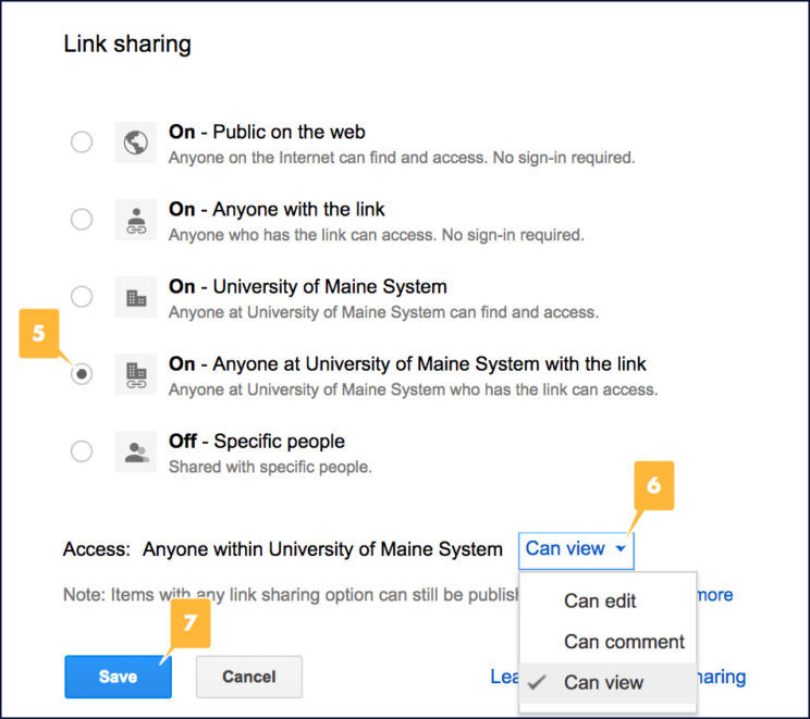 Screenshot showing the location of different link sharing settings for a Google Doc