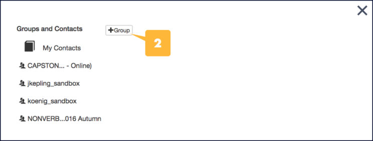Screenshot showing the location of the the Group+ button in the Groups and Contacts window