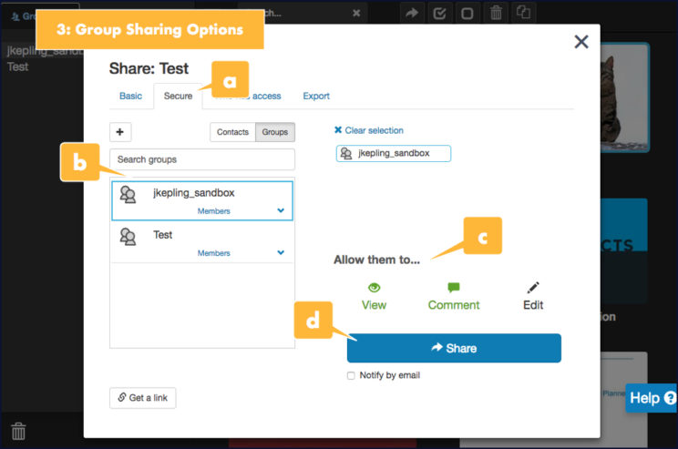 Screenshot showing options for sharing a presentation with a group