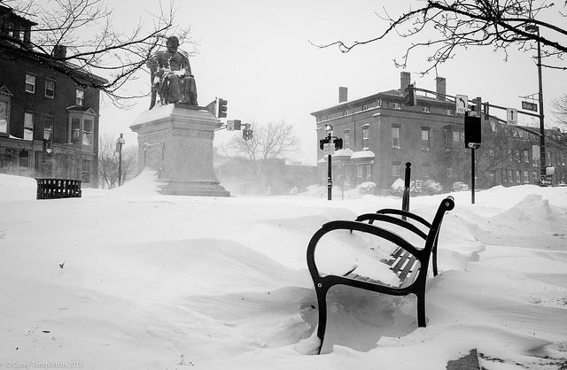 Image of Portland's Longfellow Square covered in heavy snow