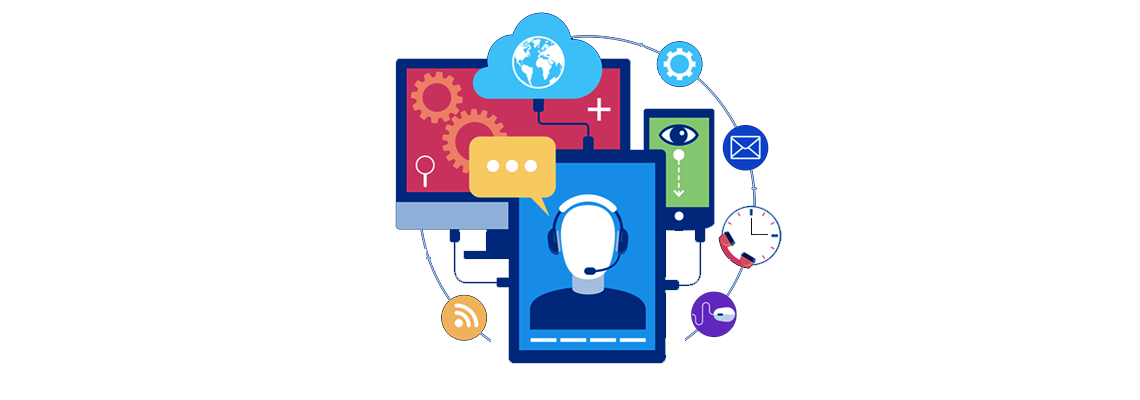 connected icons of a computer, cell phone, tablet, person with headset, chatbox, email, globe, and clocx