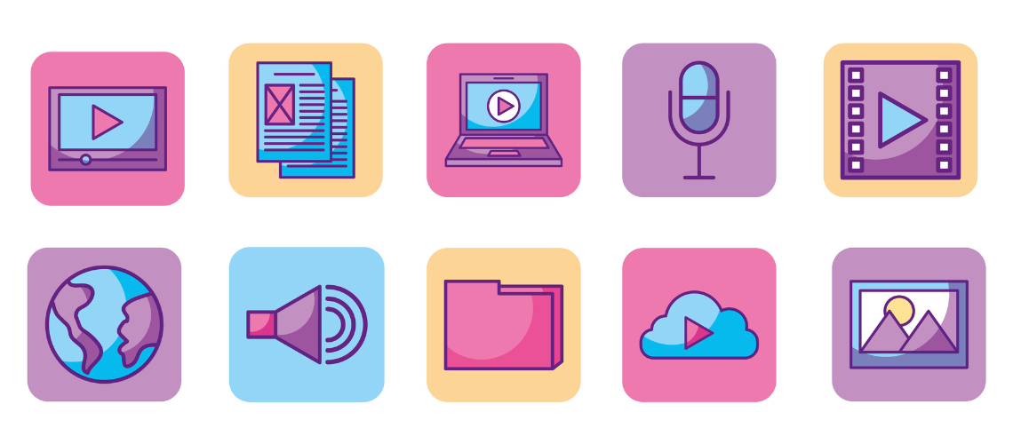 brightly colored icons for digital documents, audio, video, and webpages